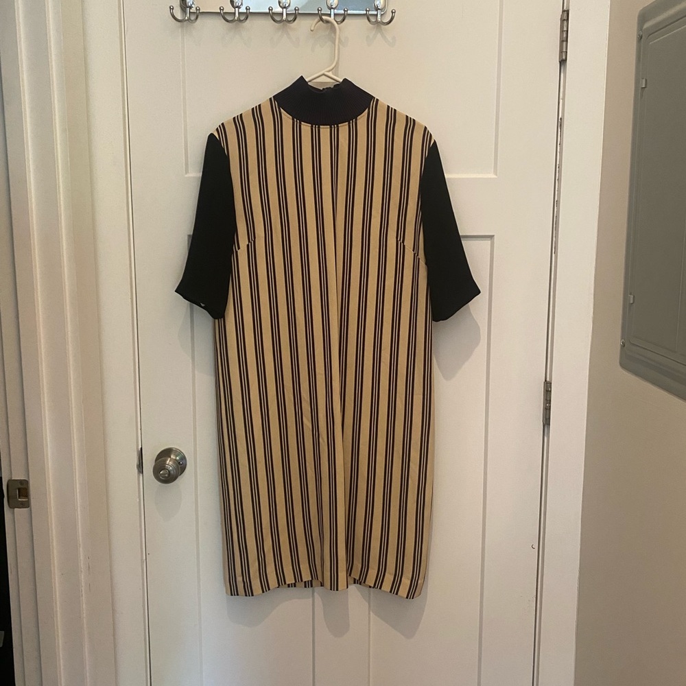 Dries Van Noten vertical stripe dress tan and black